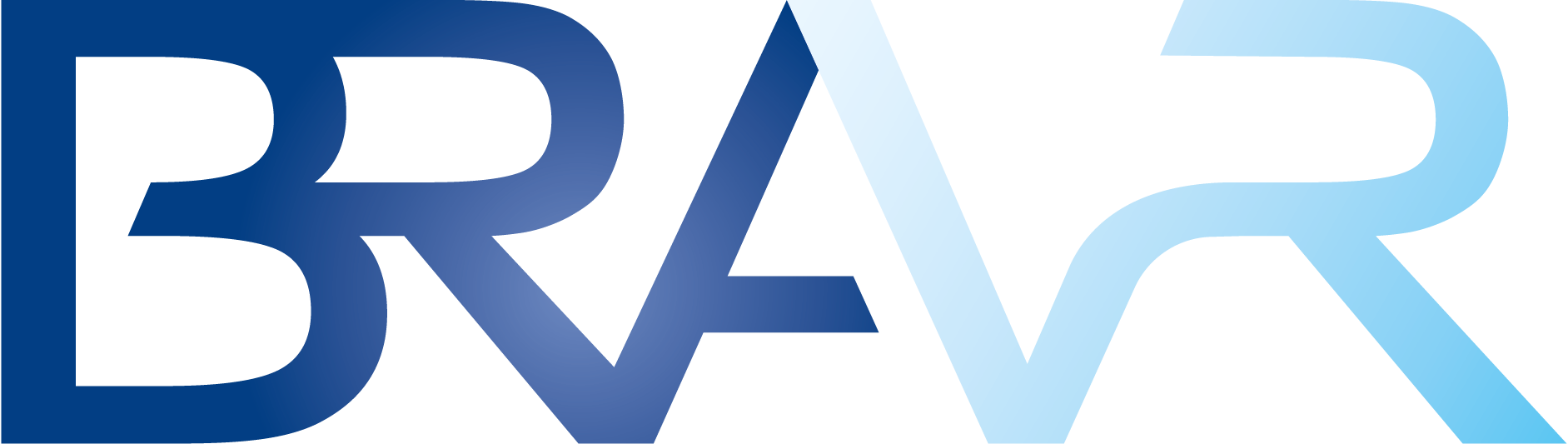 Ken Koontz The BRAVR logo. The letters BRA are in a dark royal blue color. The letters VR in a white satin effect bleeding to a cool sky grey.